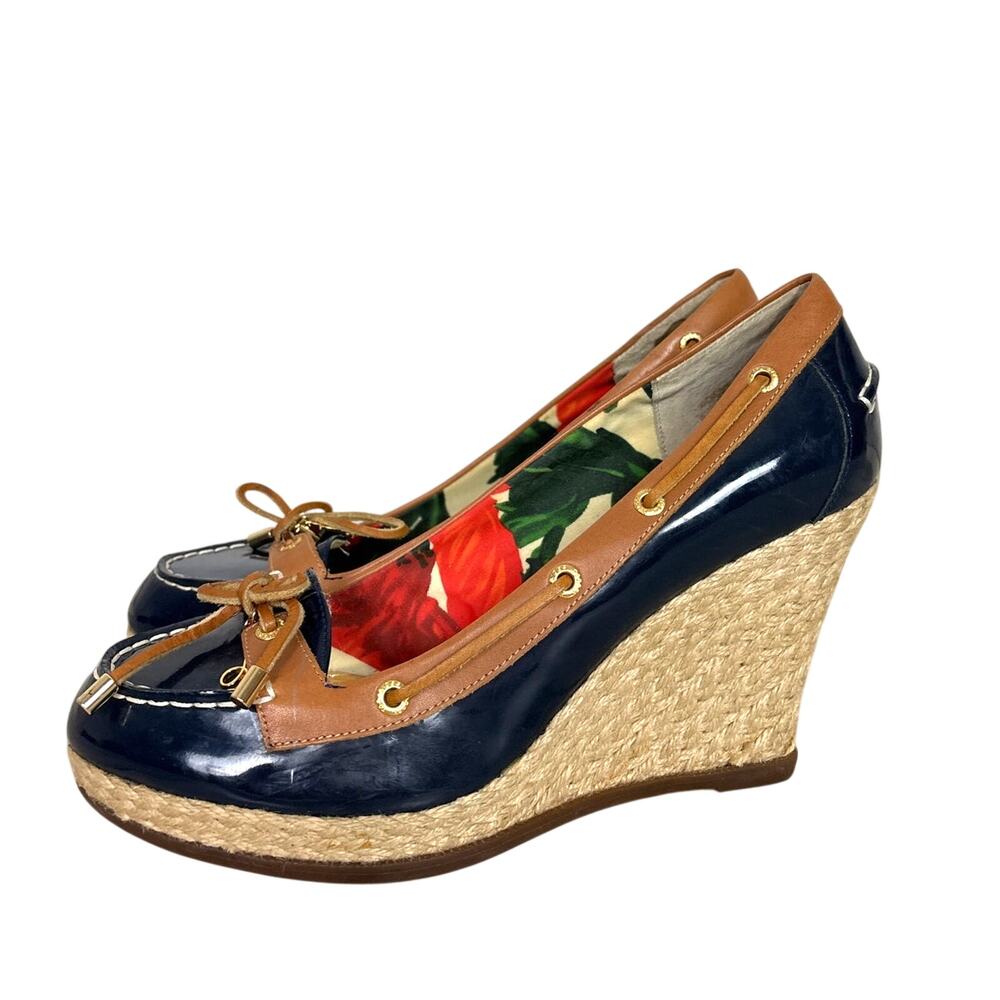 Milly's Womens 9.5 Blue Leather Duck Espadrille Wedge Slip On Sandals Shoes